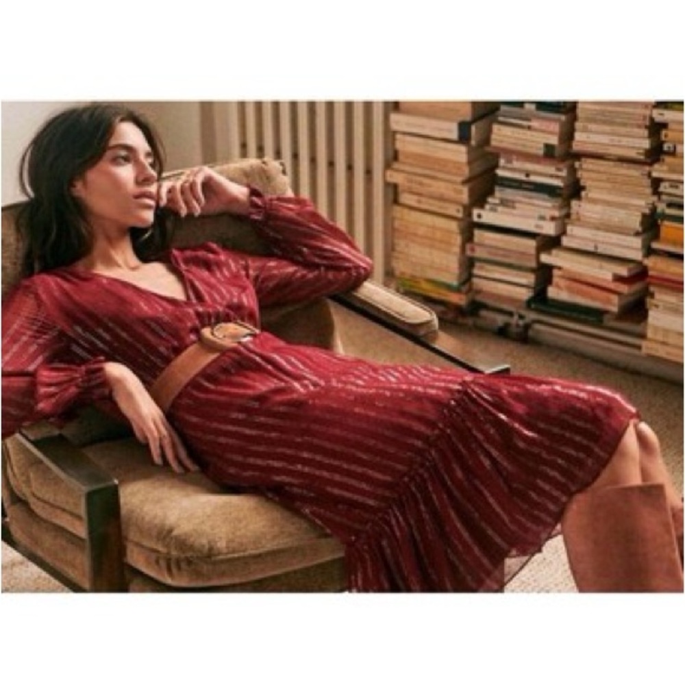 Sezane Burgundy Striped Long Sleeve Dress